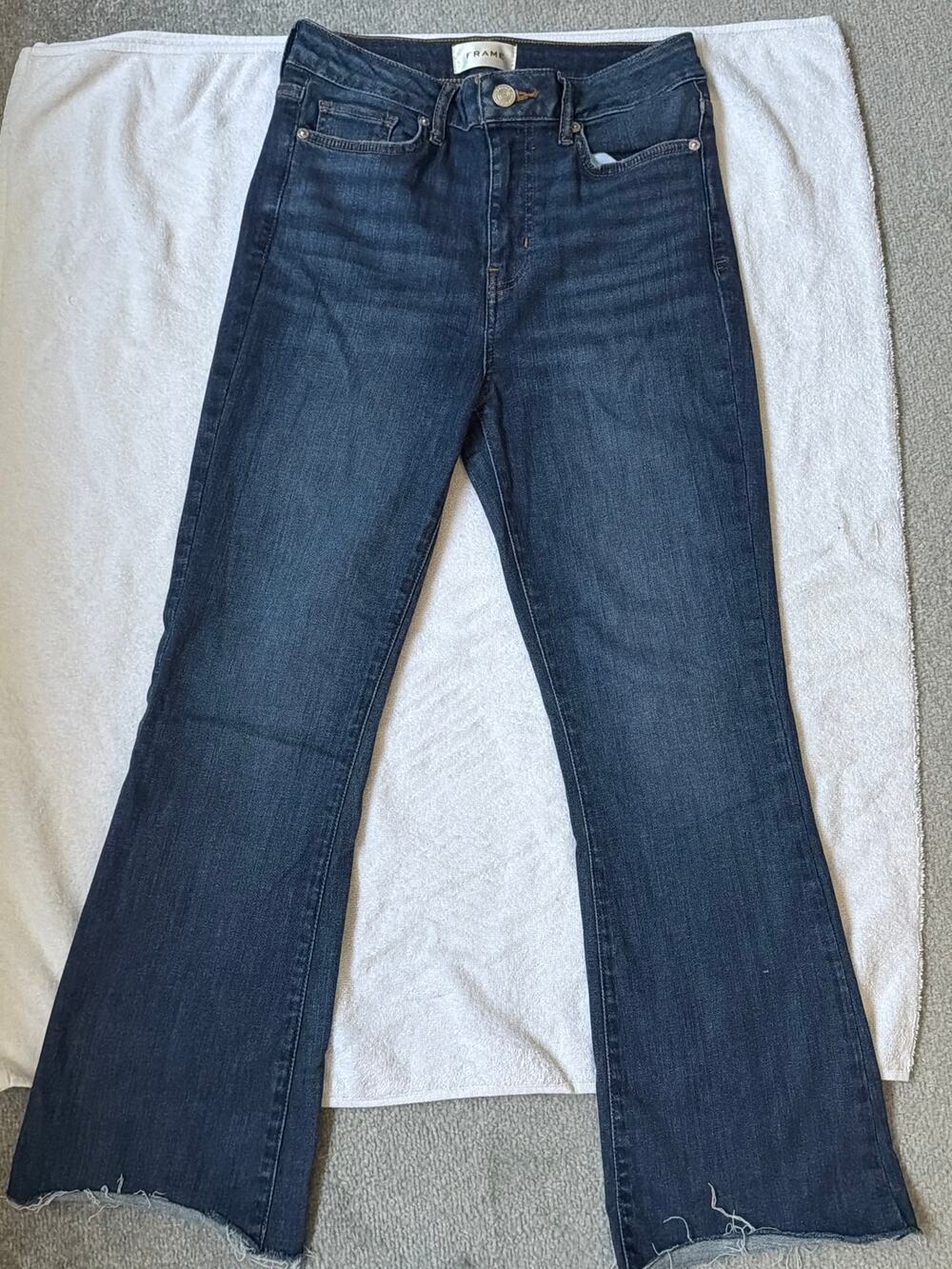 FRAME Dark Indigo, High-rise, boot/flare cut, faw/cut hem Le High Flare.